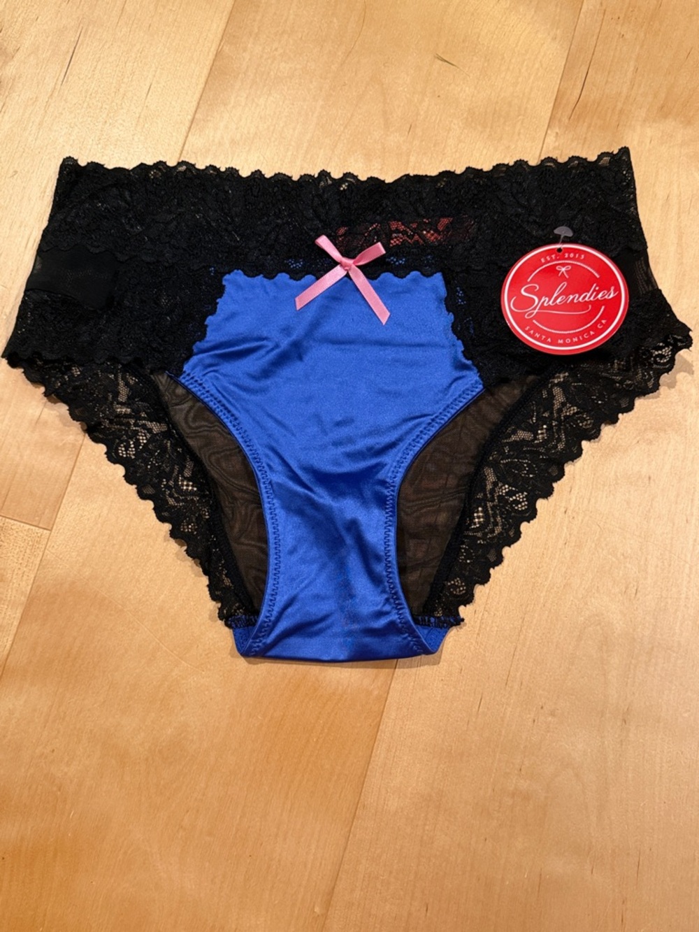 Splendies Women's Blue Satin & Black Lace Bikini Panty